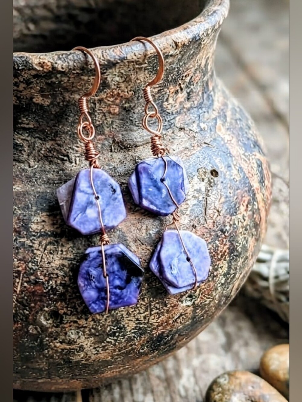 Natural Russian Charoite Discs in Artisan Handmade Rustic Earrings in Copper